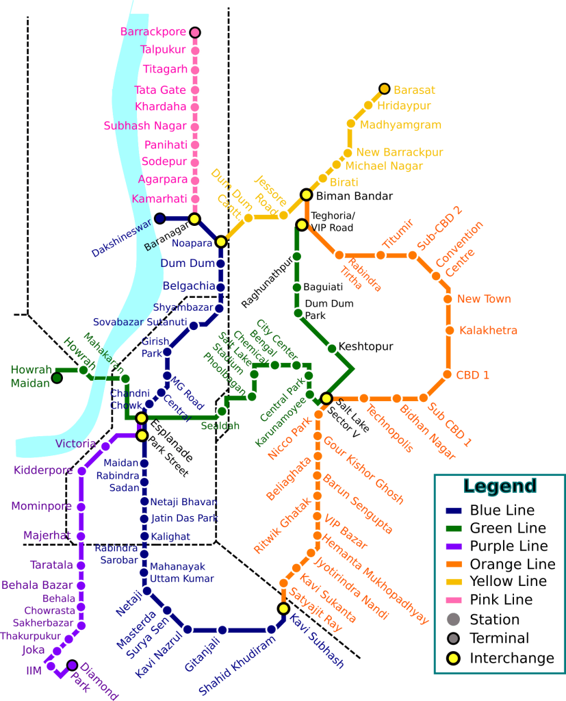 Kolkata Metro network map: Blue, Green, Yellow, Purple, Orange lines and planned Pink Line