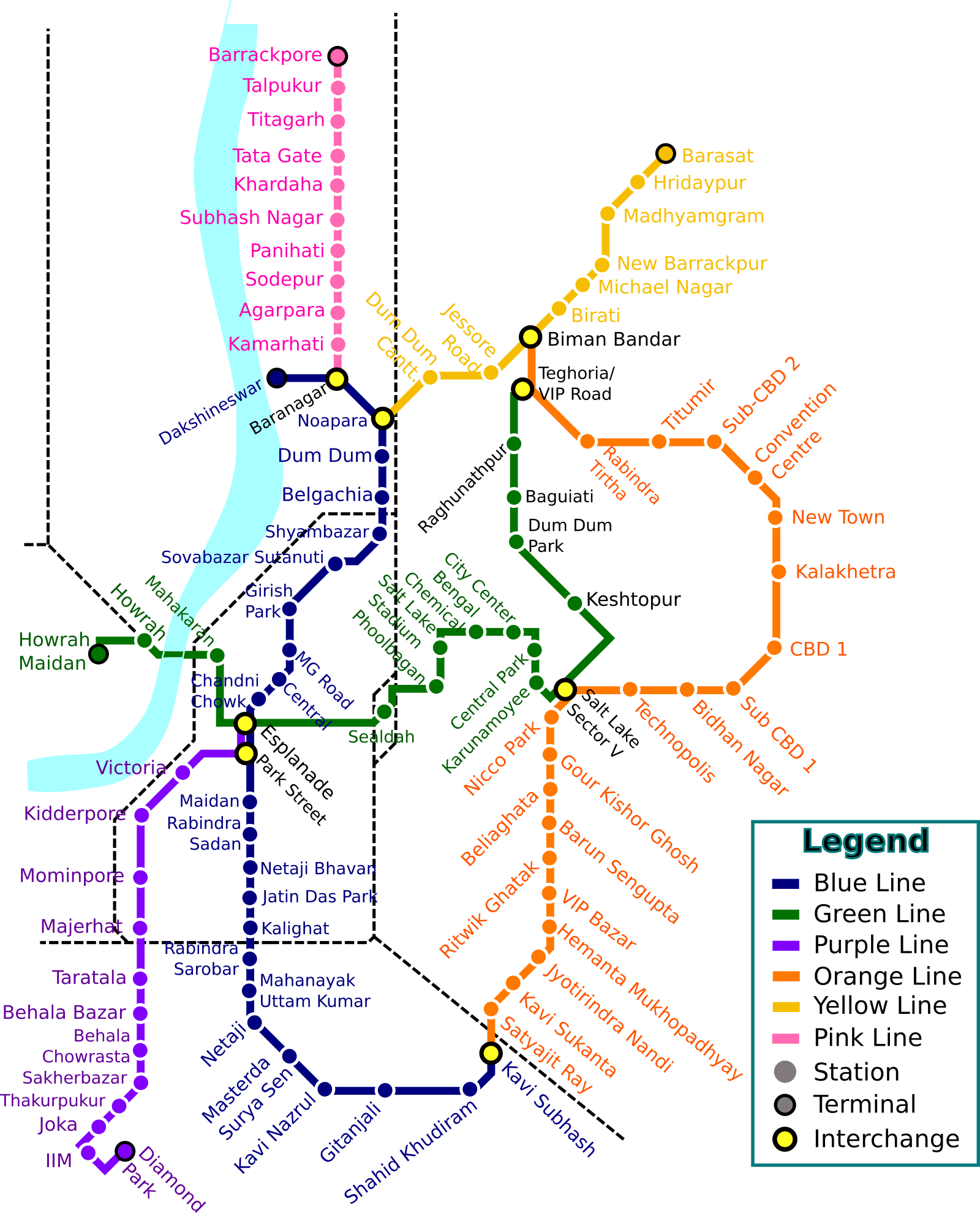 Kolkata Metro network map — all five lines